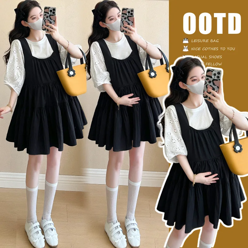 

Maternity Clothes Summer 2026 Sweet Cute Black Short Dress and White Hollowed Out Blouse for Pregnant Women