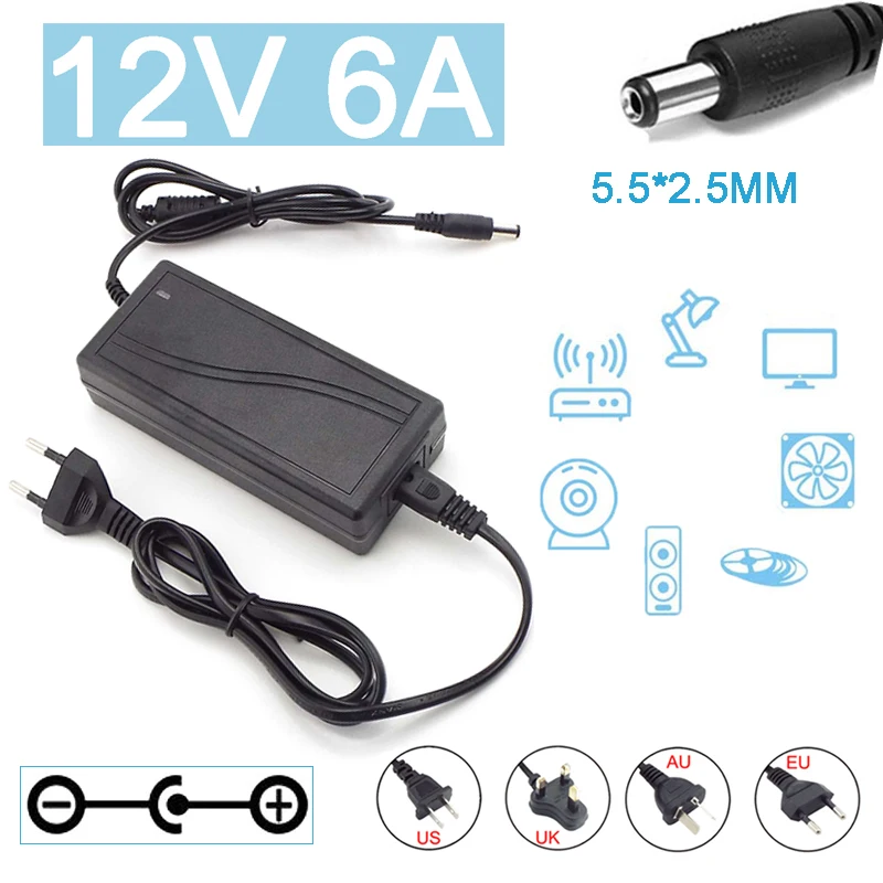 12Volt 6000ma LED Light CCTV Camera Power Supply AC 110V 240V DC 12V 6A Adapter Converter Charger 5.5*2.5mm C6