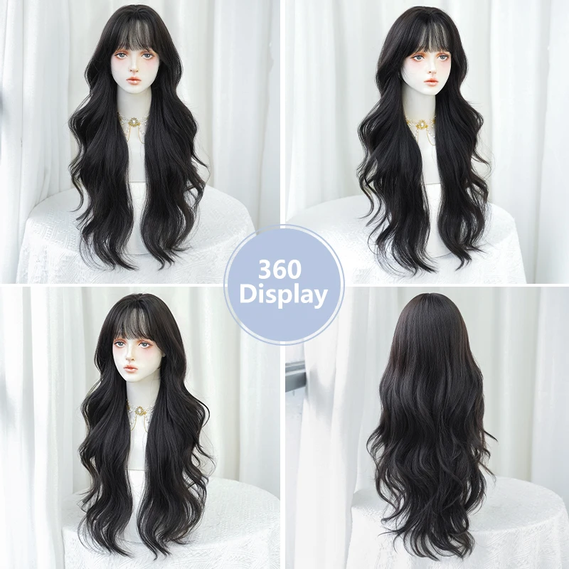 7JHH WIGS Synthetic Layered Body Wavy Dark Brown Wig for Women High Density Fashion Black Tea Curly Hair Wigs with Fluffy Bangs