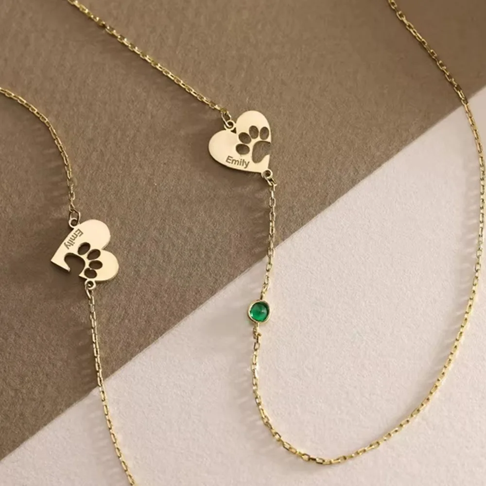 

Personalized Heart Pendant w/ Hollow-out Paw Print - Custom Birthstone & Name Engraving - Stainless Steel Necklace