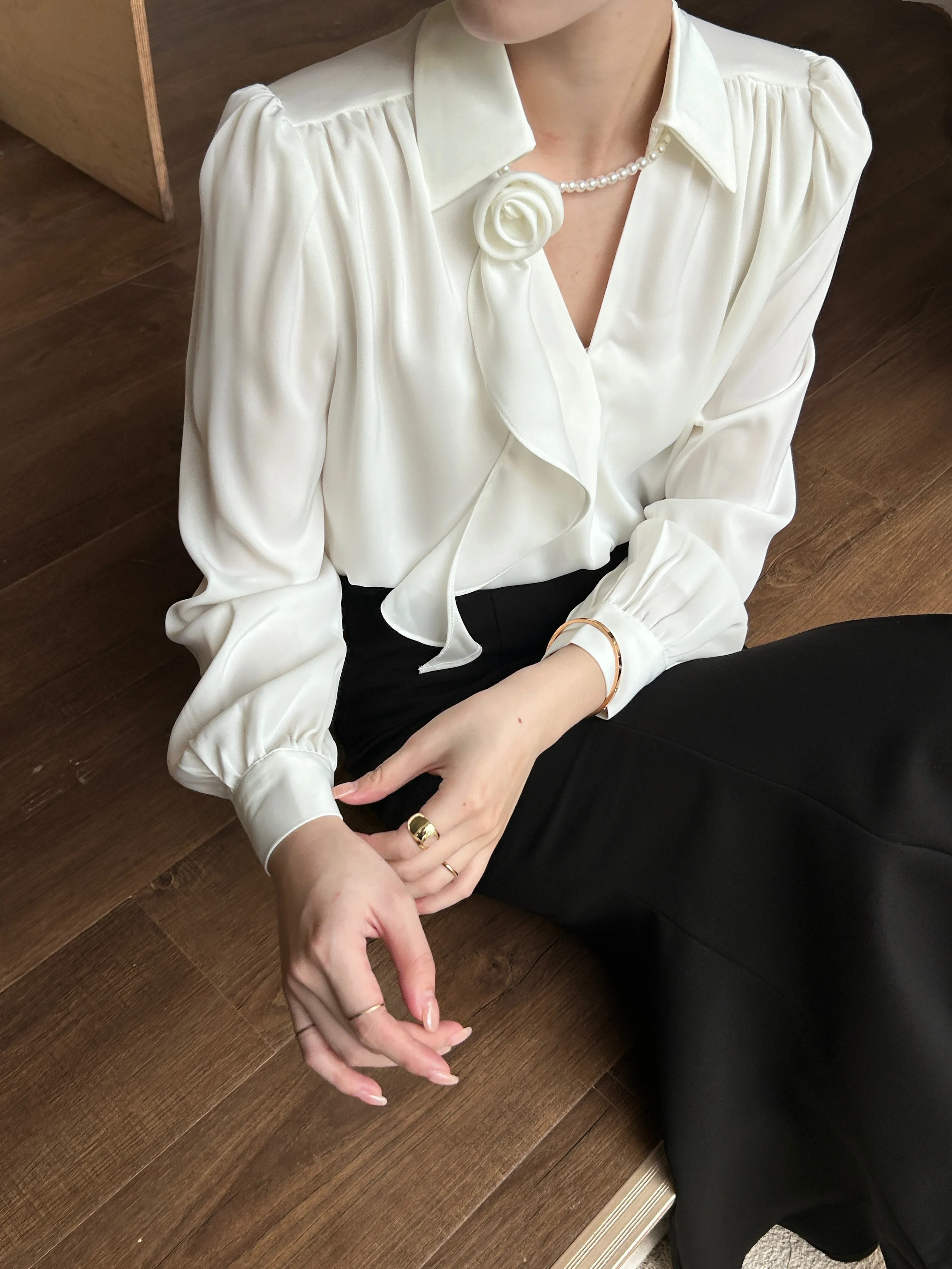 

Pop French Elegant Chic Blouse Women's Luxurious White Turn-down Collar Long Sleeve Loose Satin Shirts Female Casual Office Clot