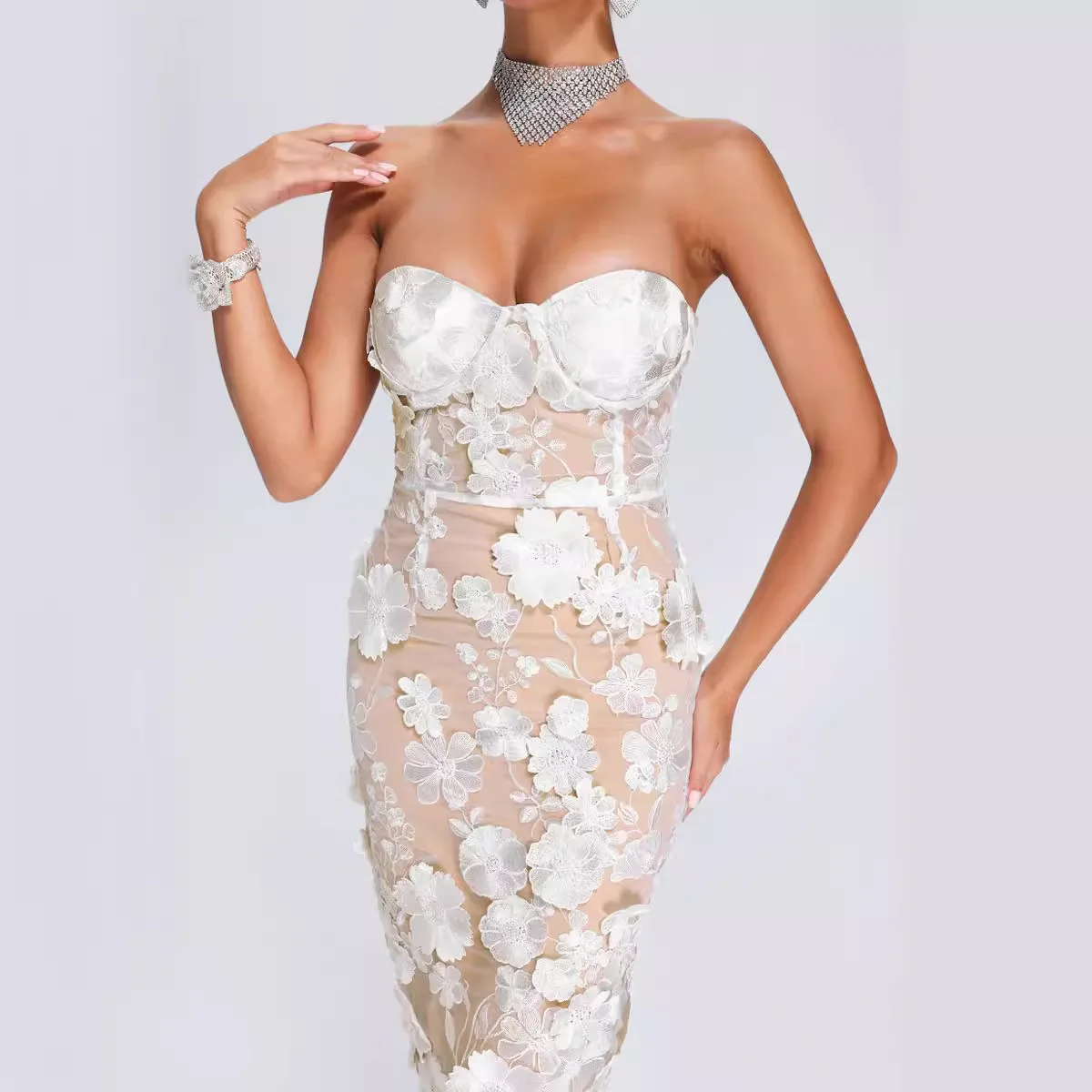 Vestido de novia elegante para fiesta de noche, vestido de novia bordado de encaje francés blanco de verano Floral de lujo para halloween, ropa para mujer