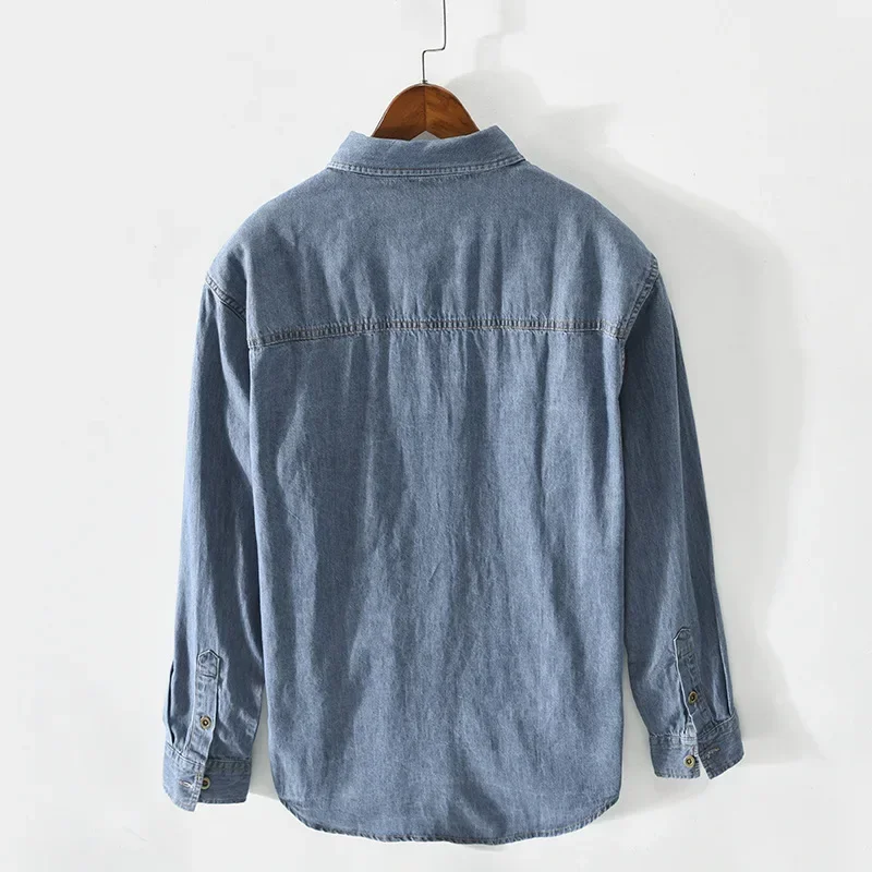 الرجعية طويلة الأكمام قميص دينيم الرجال الشارع الشهير الضوء الأزرق جان القمم متعددة جيب القطن الخالص كاوبوي قميص الذكور قمصان فضفاضة غير رسمية