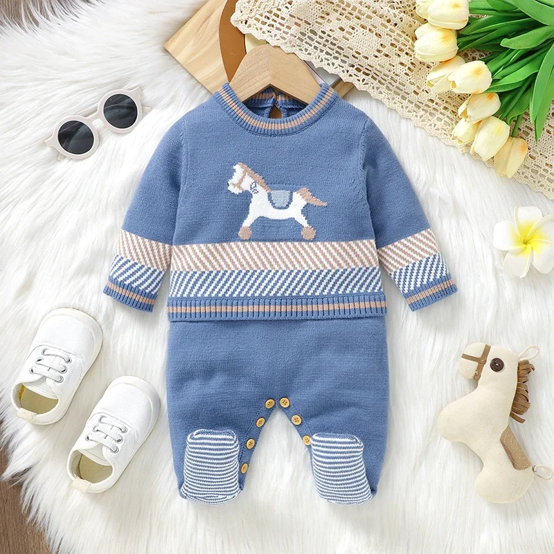 Newborn Baby Romper Knitted Toddler Kid Clothes 0-9M Overalls Pantyhose Infant Girl Boy Jumpsuit Fashion Blue Striped Cute Horse