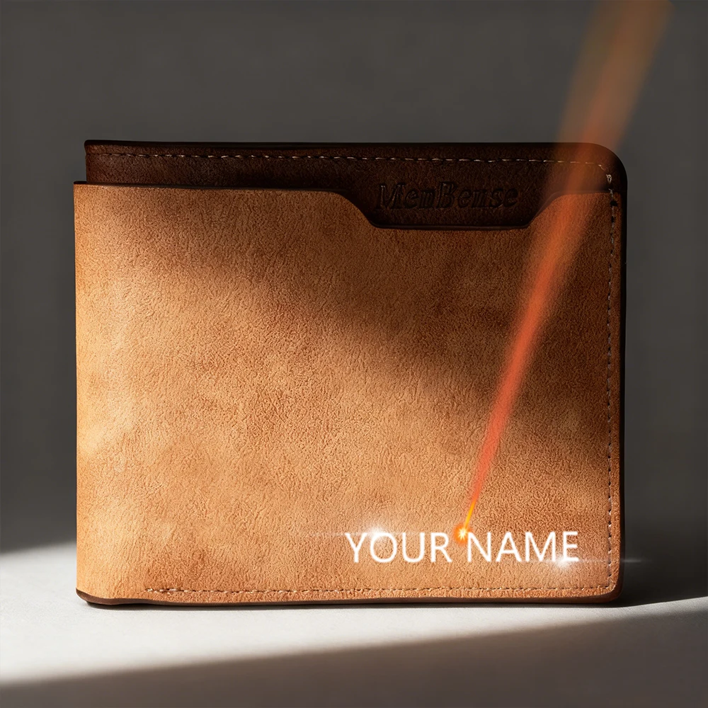 

New Short Men Wallets Name Engraving High Quality Simple Card & Photo Holder Frosted Casual Male Purses
