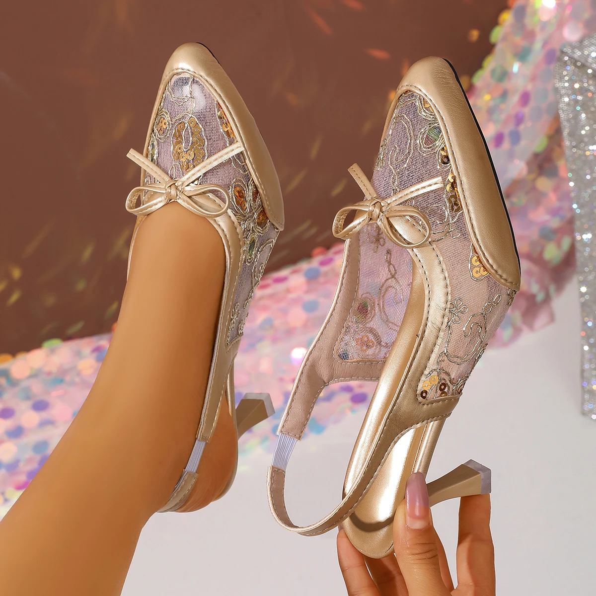 

Женские сандалии, легкие тапочки с острым носком, женские модные сандалии с сетчатой вышивкой, женские туфли-лодочки на высоком каблуке с бусинами