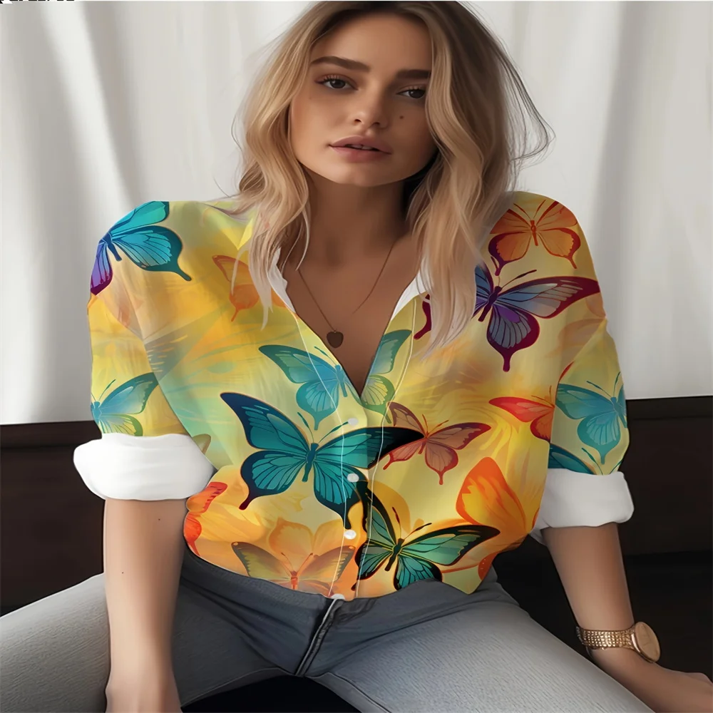 Butterfly Printed Shirt Is Easy To Care For Long Sleeved Front Button Loose Fit Is The Perfect Choice For Casual Daily Wear