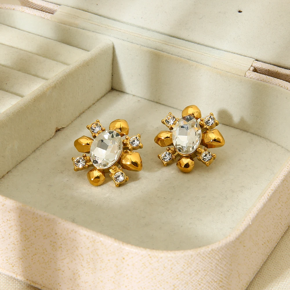 Luxury Bling White Rhinestone Stainless Steel Flower Stud Earrings Gold Color Temperament Metal Waterproof Jewelry for Women