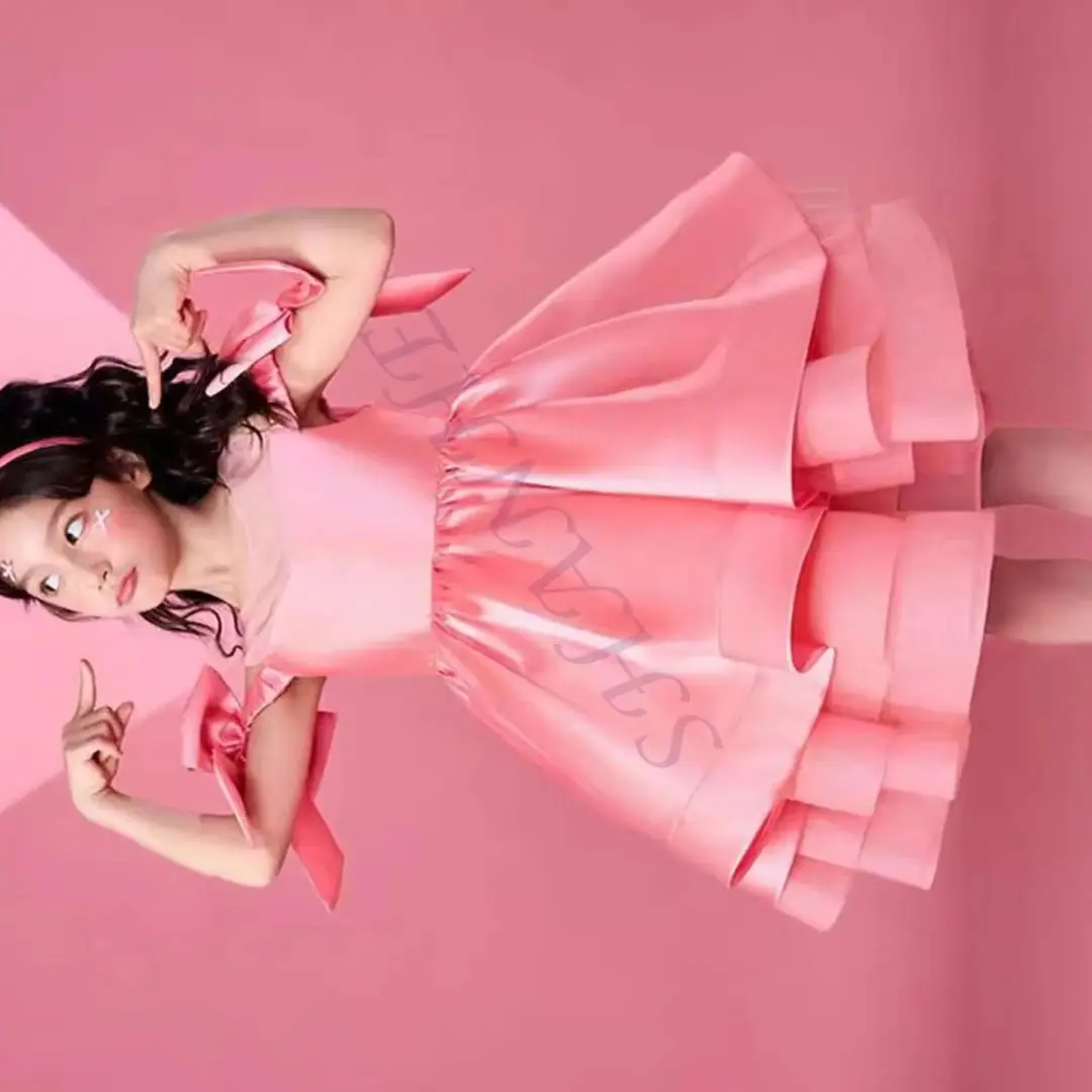 

Элегантное розовое атласное платье с цветочным узором для девочек по индивидуальному заказу с бантом, детское свадебное вечернее платье принцессы на первый день рождения