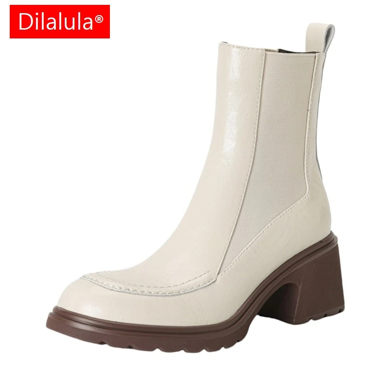 Dilalula Women Genuine Leather Chelsea Ankle Boots Women Thick High Heels  Slip On Office Ladies Autumn Winter Short Boots 2025