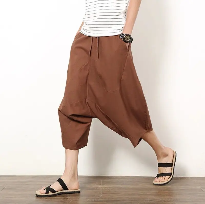 Men Cotton Linen Baggy Wide Leg Pants Men Hanging Crotch Hip Hop Bloomers Pants Men's Calf Length Cross Pants Summer Trousers