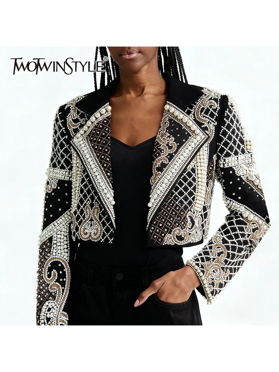 TWOTWINSTYLE Hit Color Printing Fashion Jackets for Women Lapel Long Sleeves Patchwork Bead Temperament Short Jacket Female New