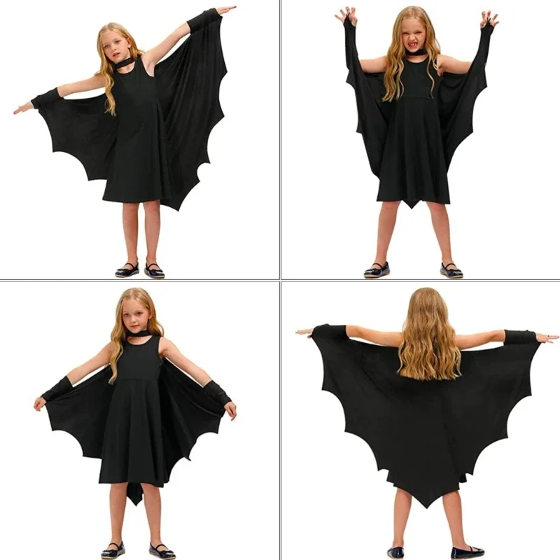 Kids Boys Girls Halloween Bat Costume Black Cape Dress Up Party Cosplay Prop Bat Cloaks Stage Wear for Festival Carnival