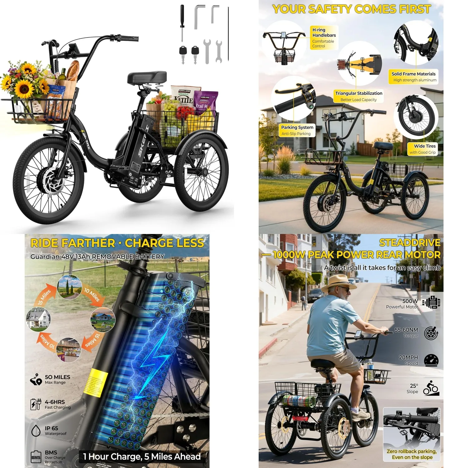 

1000W Folding Electric Trike for Adults, 20" Step-Thru 3-Wheel E-Bike with 624WH Removable Battery & Basket, Customized