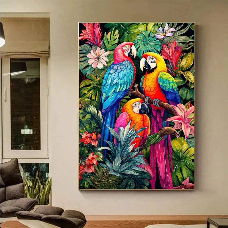 Jaguar Animals Tropical Parrot Tigers Bloom Canvas Prints Posters Wall Art Canvas Painting for Modern Home Living Room Decor