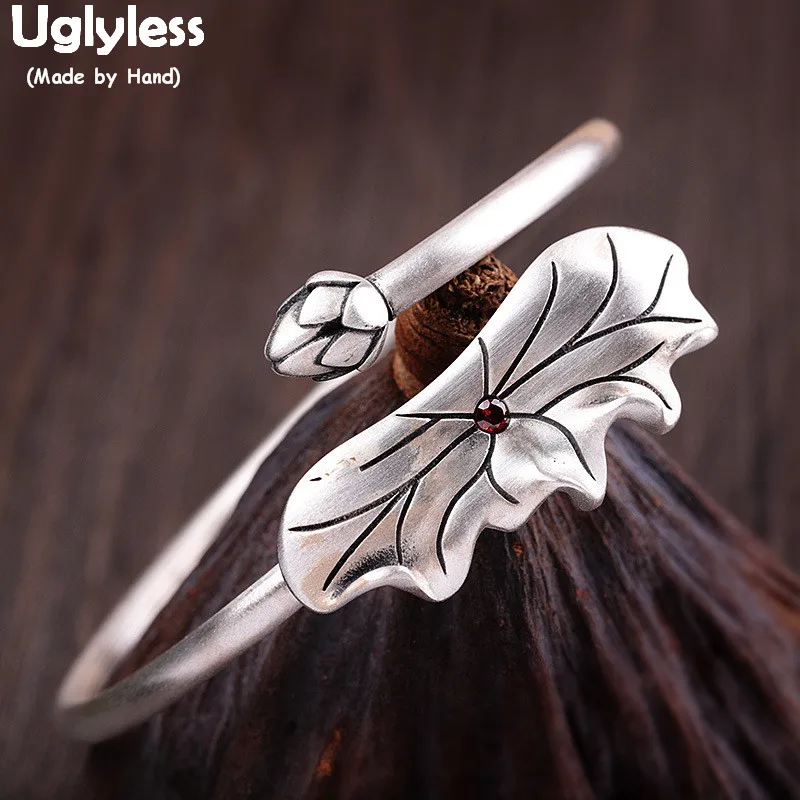 Uglyless Solid 990 Pure Silver Lotus Bud Leaf Bangles for Women China Chic Thai Silver Lotus Bangle Garnet Red Jewelry Vintage