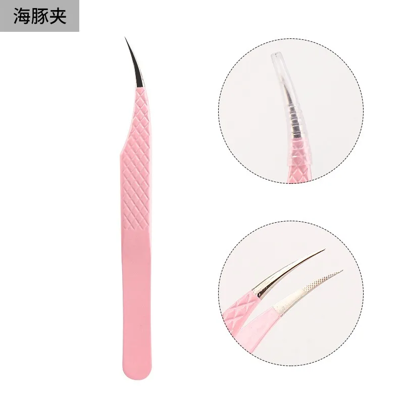 Pink Silver Eyelash Extension Tweezers Stainless Steel Mesh Friction Pattern Precise Tweezers with Protective Cover Makeup Tools