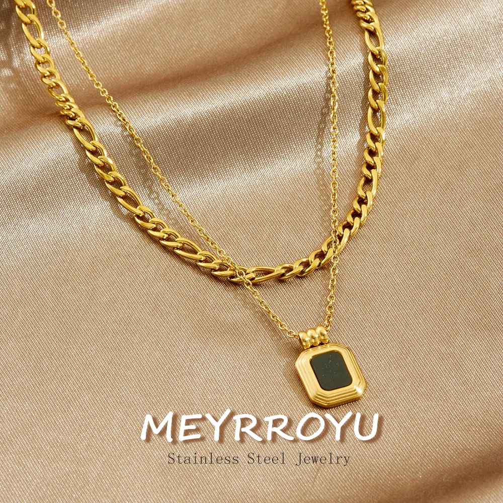 MEYRROYU 316L Stainless Steel Black Glass Inlay Octagon Pendant Double-Layer Necklace Lady Charming Temperament Jewelry Gift