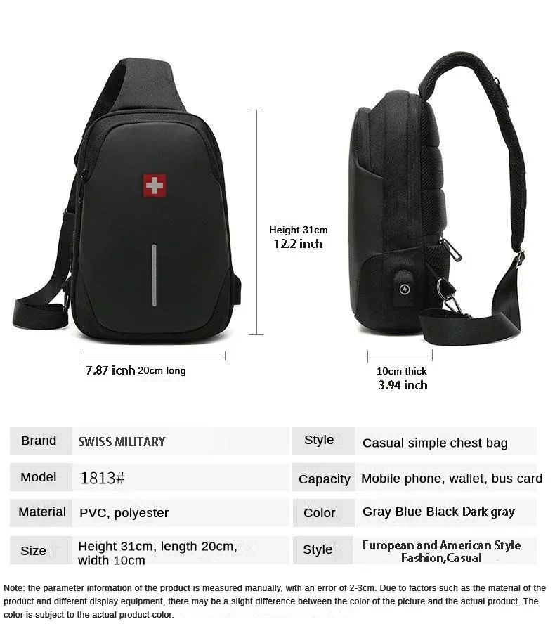 SWISS-Bolso de pecho informal para hombre, bandolera deportiva resistente al agua, antirrobo, Color sólido, con Usb