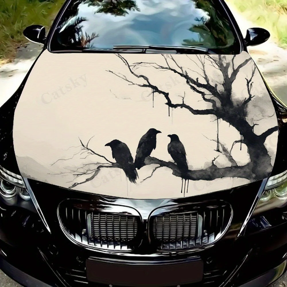 

Three black crows on a withered tree PVC Car Vinyl Wraps, Self-Adhesive Waterproof Car Hood Decal Sticker, Car Decoration Protec
