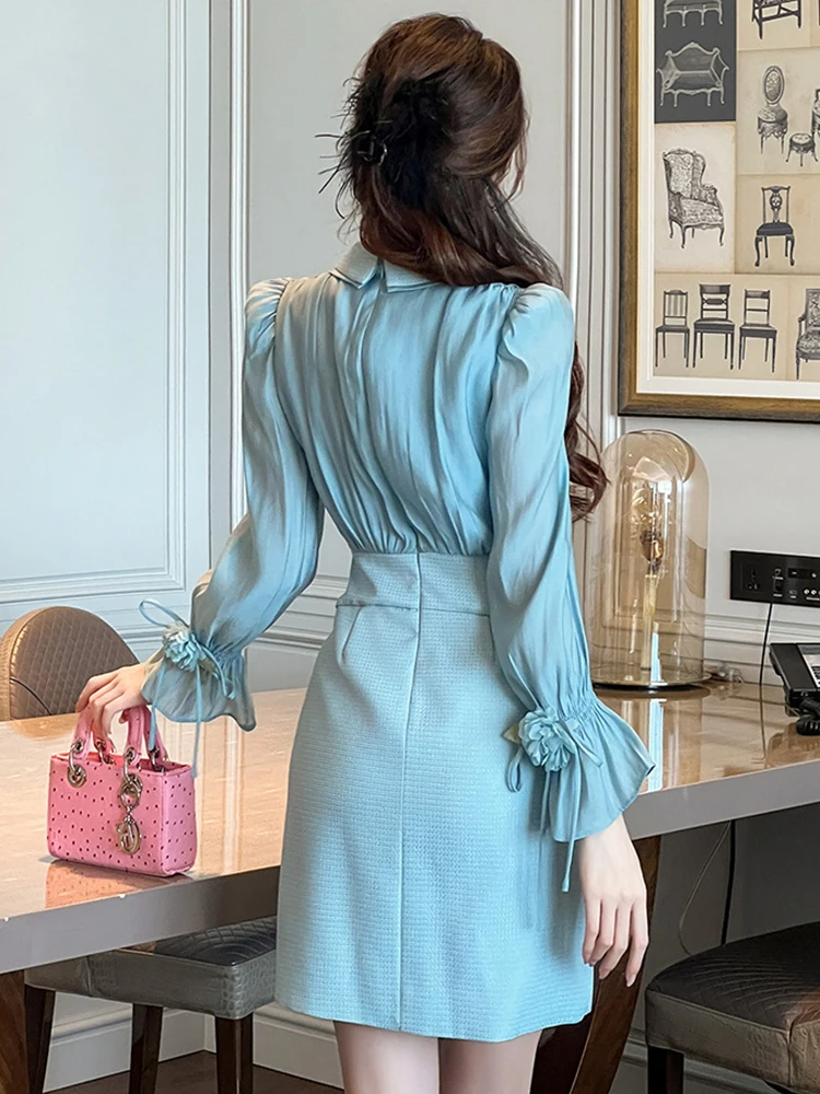 Women Clothes Work Style Fake 2-Piece Lapel Hollow Slim Pencil Short Dress Elegant Ladies Commute Casual Sweet Vestidos Fashion