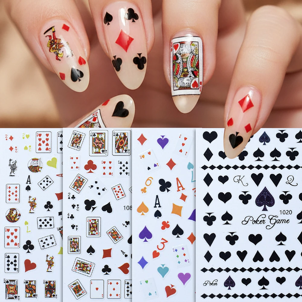 2/4pcs Funny Poker Cards 3D Nail Art Stickers Heart Spades Clubs DIY Nail Decals Creative Nail Art Decorations Designs Sliders