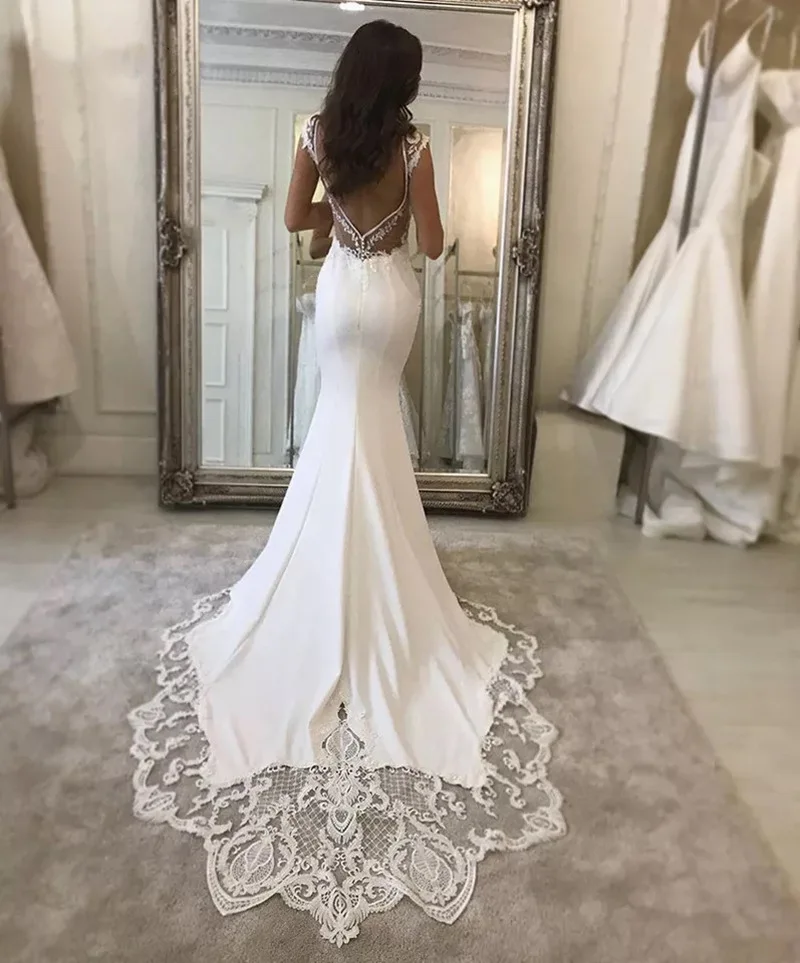 Vintage V-neck Mermaid Wedding Dresses Sleeveless Appliques Sweep Train Bridal Gown Backless Beach Floor Length vestido de novia