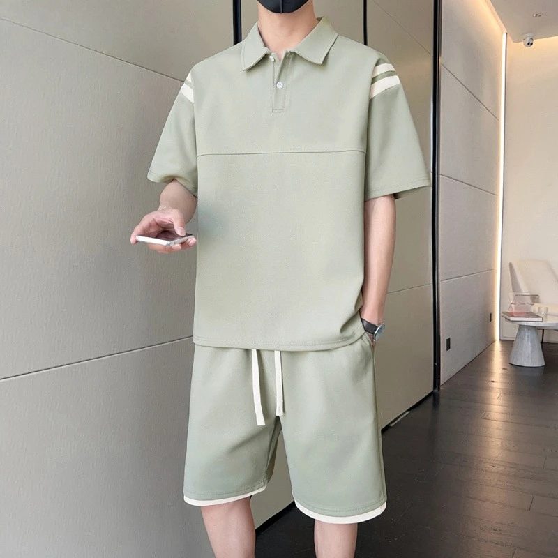 Summer Cooling Fabric Men's Polo Tee + Athletic Shorts Combo Lightweight Oversized Handsome Two-Piece Suit