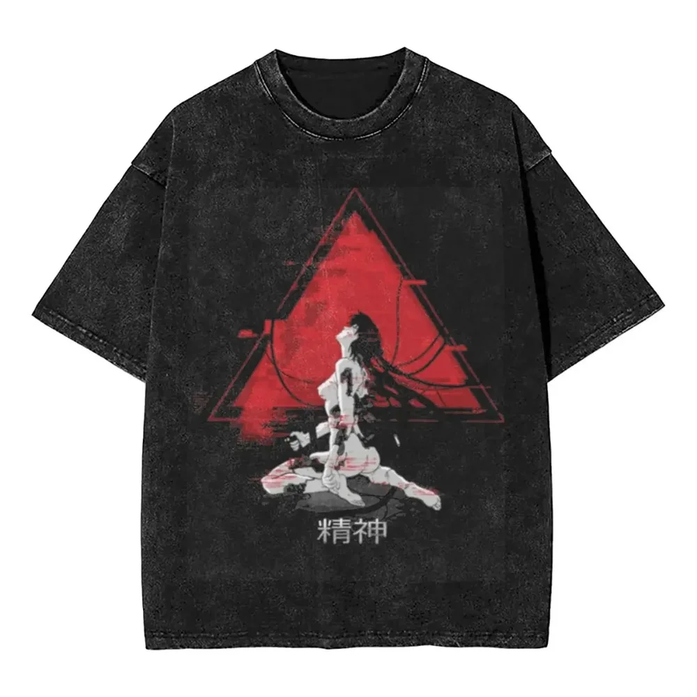 Ghost in The Shell T-Shirt, japanischer Manga, Cyberpunk, Vintage, gewaschen, Anime-Grafik, Unisex, übergroß, Streetwear, Baumwoll-T-Shirt