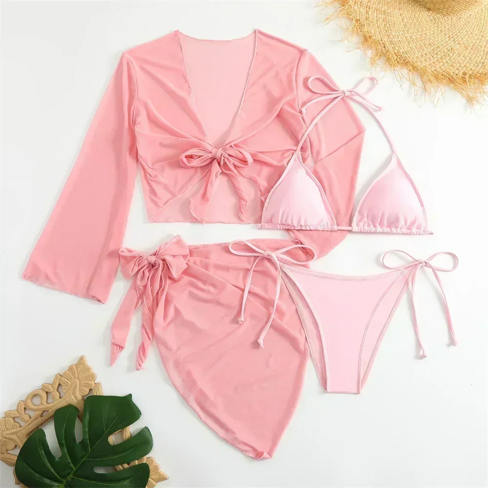 Cute Pink Bandage Swimsuit Cover-up Triangle Bikini Thong Halter Swimwear 4-Piece Trend Bikinis Beach Outfit Women Bathing Suits