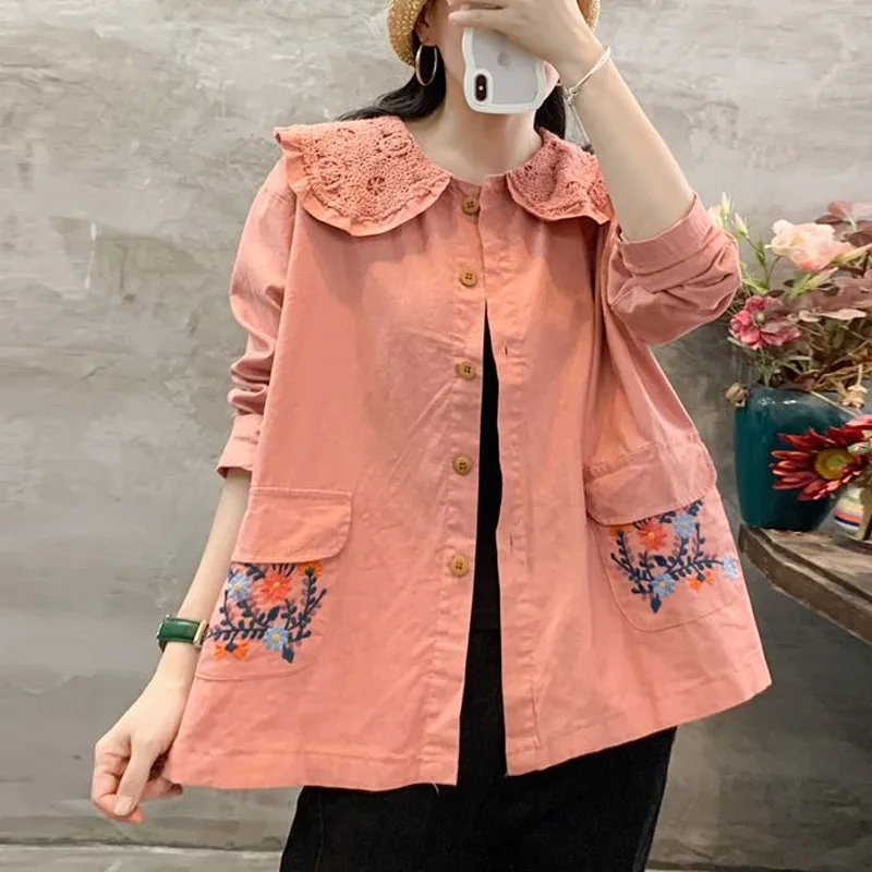 Women\'s New Spring Autumn Embroidered Cotton and Linen Peter Pan Collar Button Fashion Loose Casual Sweet Long Sleeve Shirt Tops