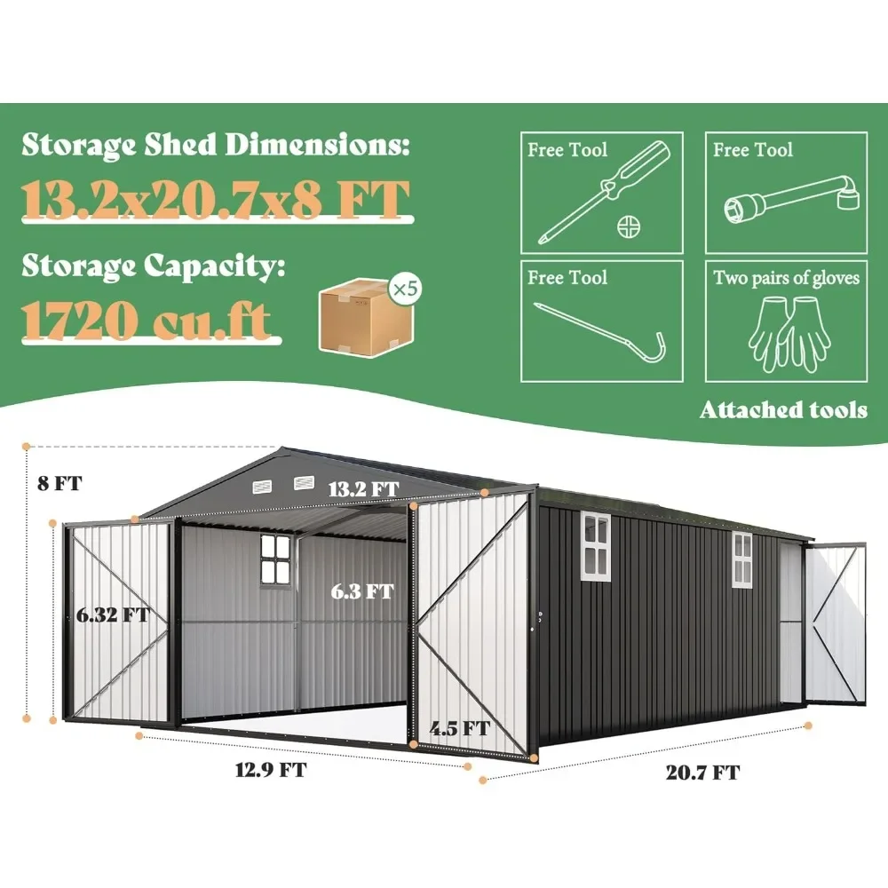 13.2x21x8 FT Outdoor Storage Shed with 2 Double Hinged Doors and 4 Windows, Huge Metal Garage Sheds, Tool Shed