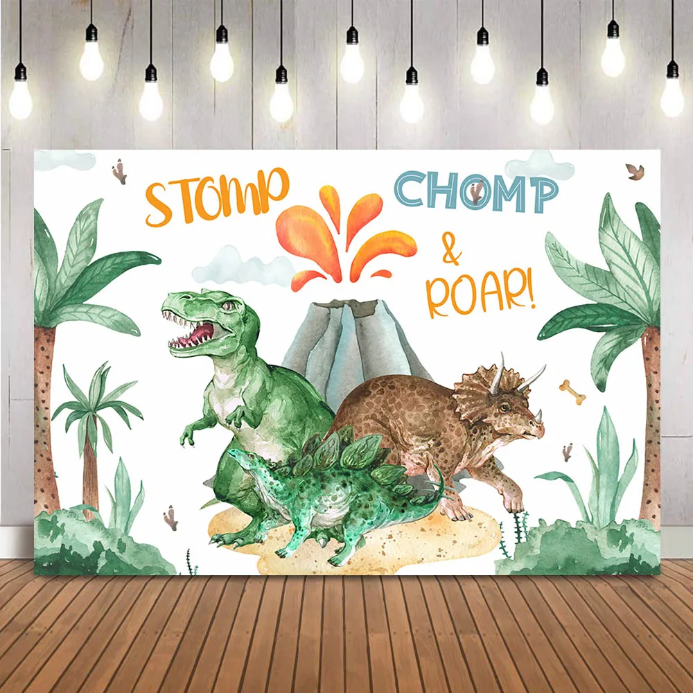 Dinosaur Birthday Backdrop Stomp Roar Chomp Photo Background Coconut Tree Volcanoes Theme Party Decoration Banner Photocall