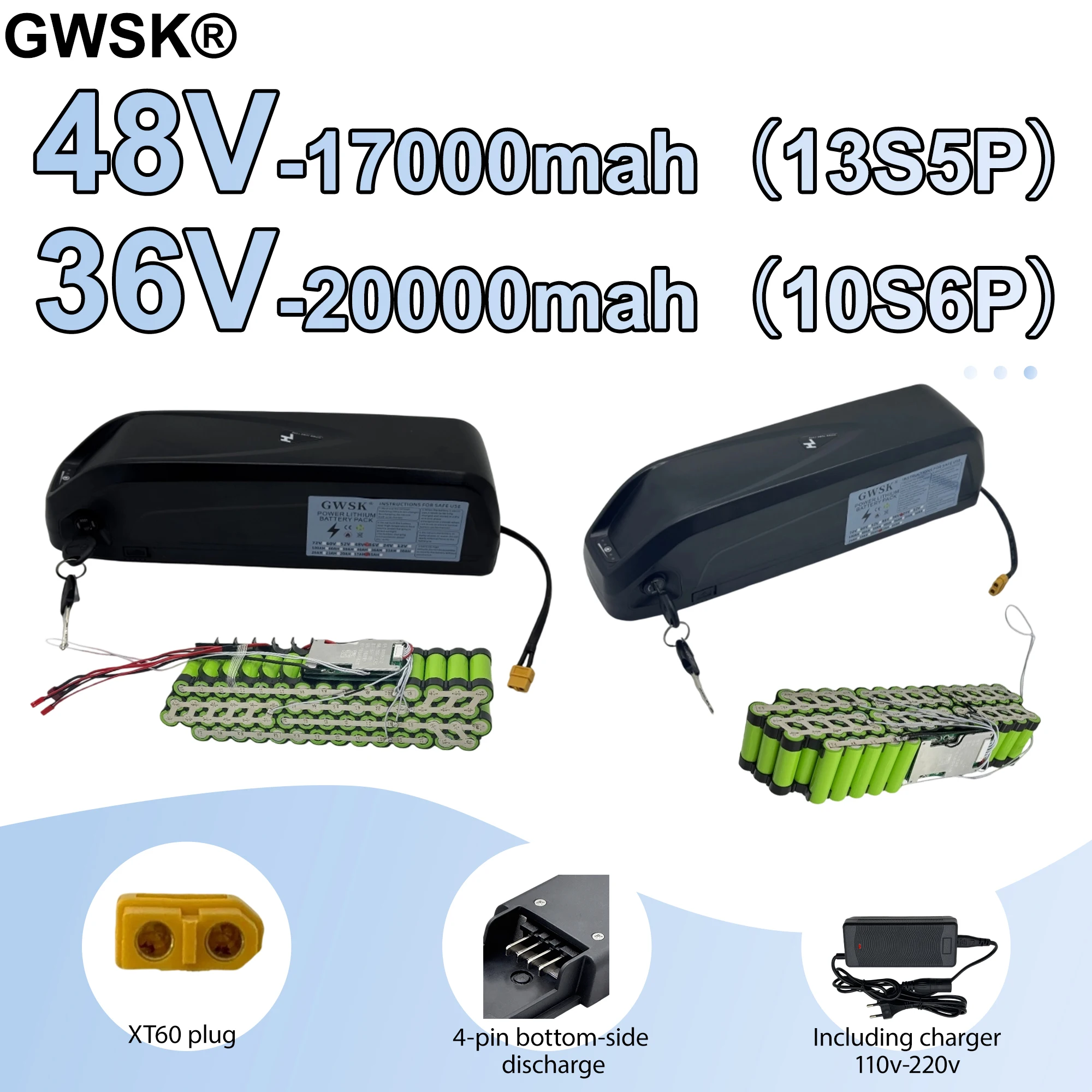 

36V 48V17AH-20AH lithium battery pack, new capacity 18650 Hailong 4-pin battery, suitable for 2000W bicycles