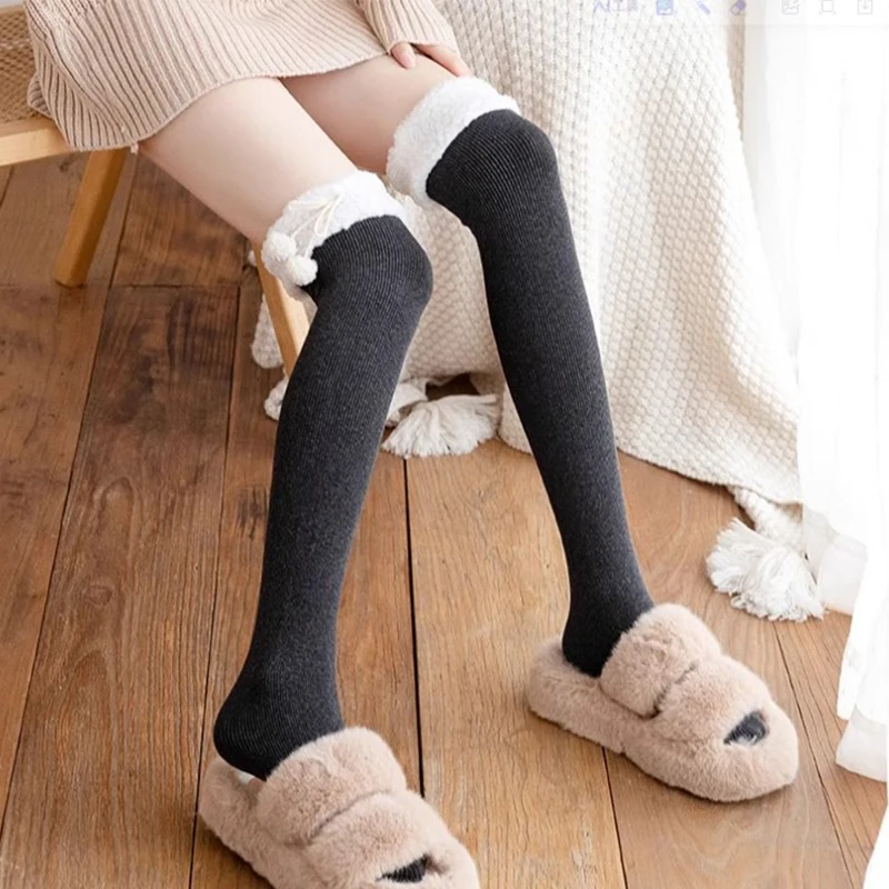 

Vertical Stripe Plush Stockings Autumn Winter Cute Tights Kawaii Lamb Fur Wool Ball Calf Socks Lolita Knee High Socks