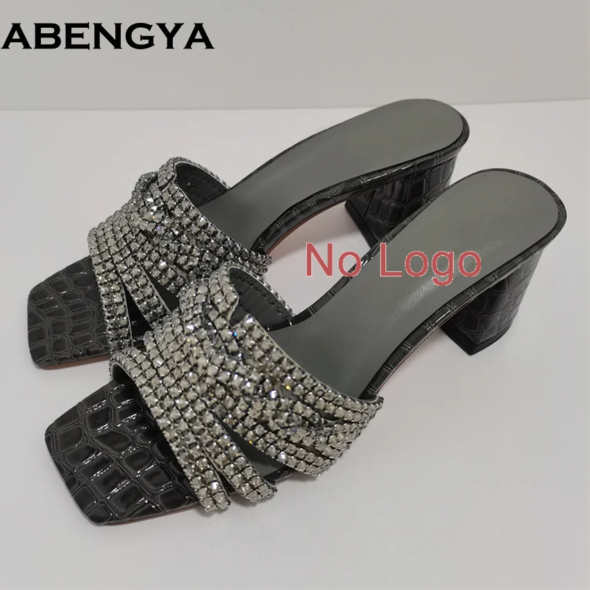 الصيف حذاء بكعب سميك المرأة النعال لامعة حجر الراين الشرائح ساحة تو السيدات عطلة أحذية الشاطئ المرأة Sandalias Mujer #2