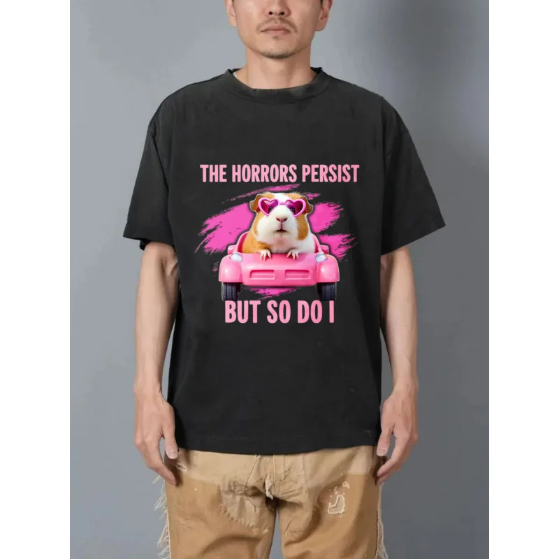 تي شيرت رجالي مغسول باللون الأسود The Horrors يستمر ولكن أنني أفعل ذلك خنزير باللون الوردي نمط مطبوع ونص عالي الجودة 100% قطن #1