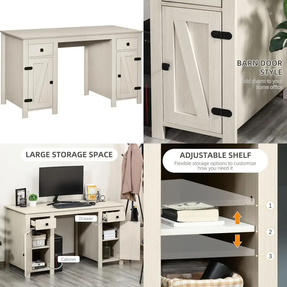 

Farmhouse Computer Desk with Storage, Home Office Desk with 2 Drawers and 2 Cabinets, Cream White