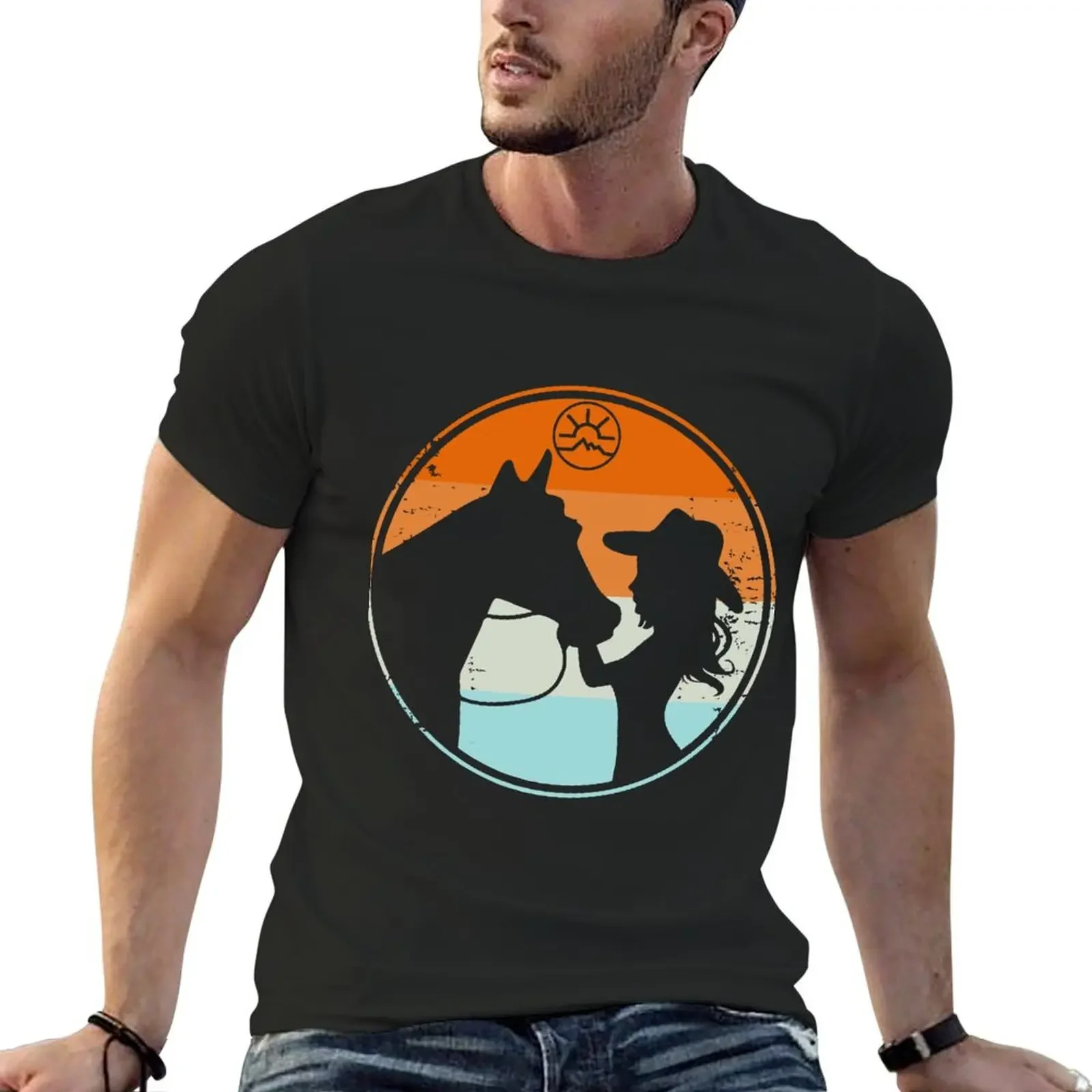 

sunset ,girl kissing horse, retro, vintage, cowgirl, love horses, horse, mothers day, heartland, ran T-Shirt