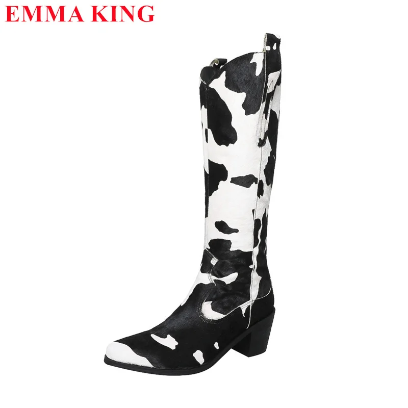 2024 Zebra Pattern Knee High Boots Women Horse Hair Knight Boots Thick Heel Shoes Winter Autumn Pointed Toe Long Womens Boots