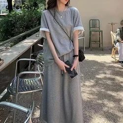 Two Piece Set for Women 2024 Summer Simple Casual Streetwear Oversized Short Sleeve T-shirt Female High Waist Solid Midi Skirts