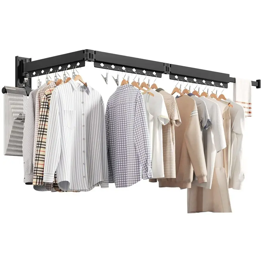 

Wall Mounted Clothes Hanger, Aluminum Clothes Drying Rack, Space Saver, Retractable, Windproof Holes, with Clips