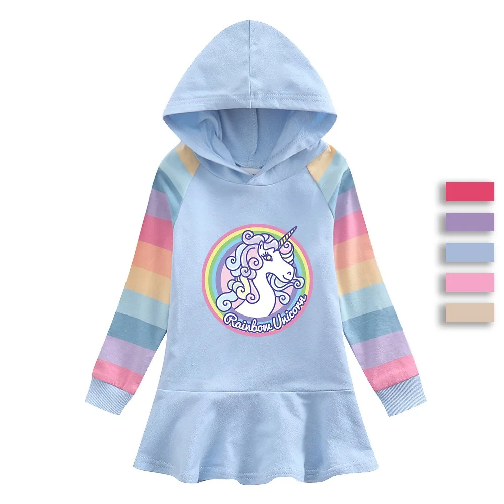 

2024 New Unicorn Quality Cotton Girls Dress Rainbow Autumn Spring Clothing for Children Long Sleeve Kids Clothes Hooded 2-8T