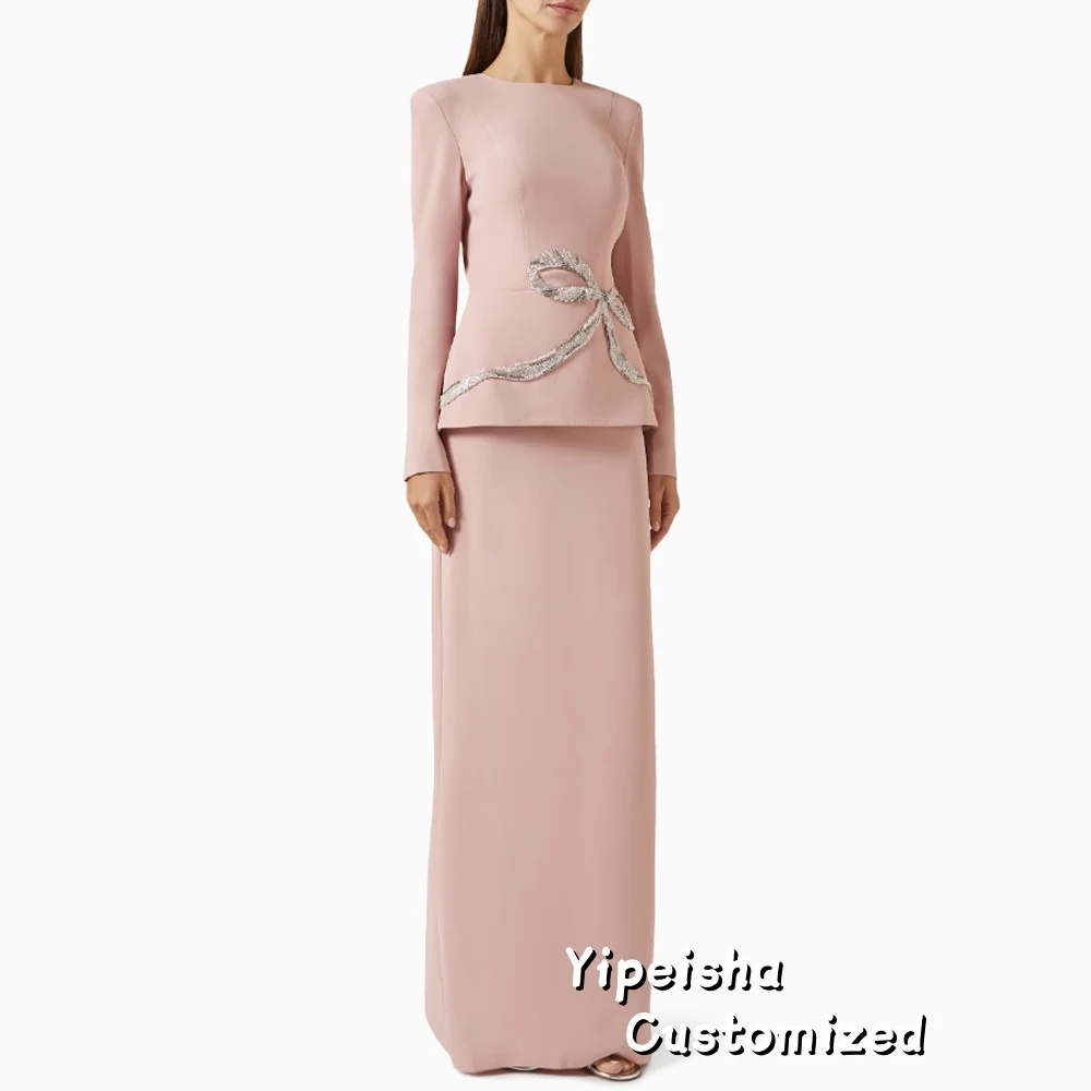 

Customized Pink Women's Evening Gown Sheath Formal Party Dress Long Sleeves Saudi Dress Floor Length Beading Prom Dress