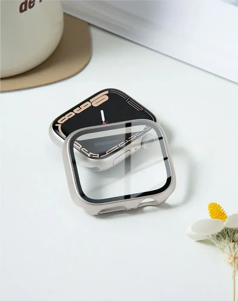 กระจกนิรภัย + กรณีสําหรับ Apple Watch Series 10 42 มม.46 มม.45 มม.41 มม.44 มม.38-40 มม.PC กันชนป้องกันหน้าจอ Series 9 8 7 6 5 4 SE