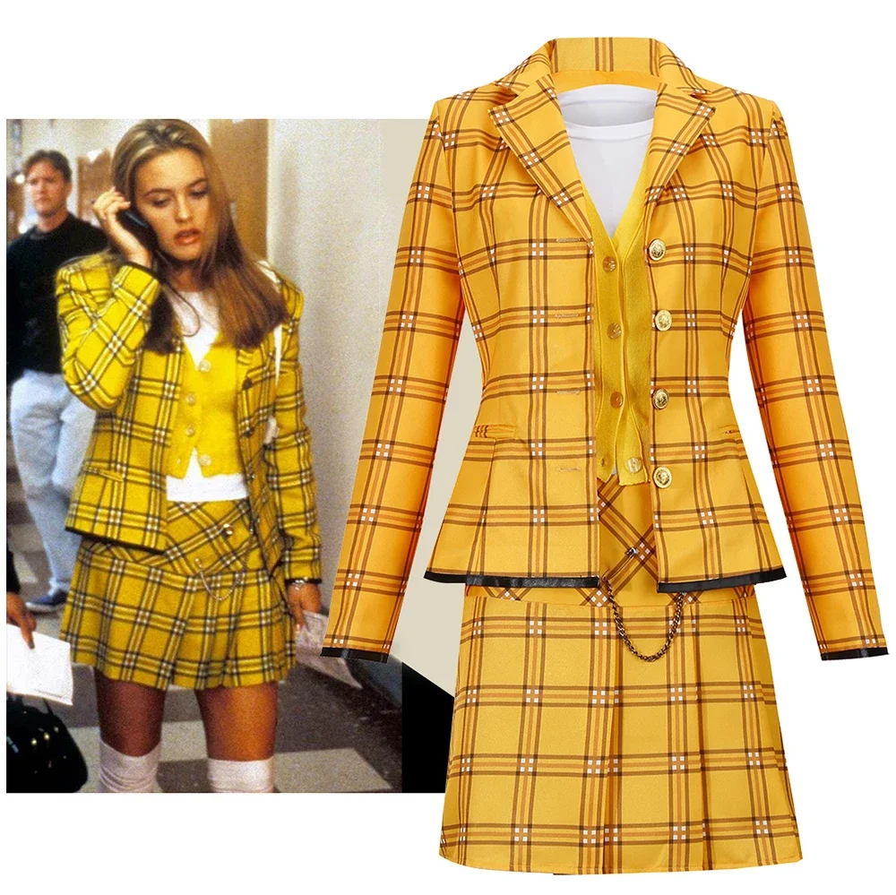 

Movie Cher Horowitz Cosplay Costume Women Yellow Checkered School Uniform Suit Jacket Shirt Skirt Halloween Set