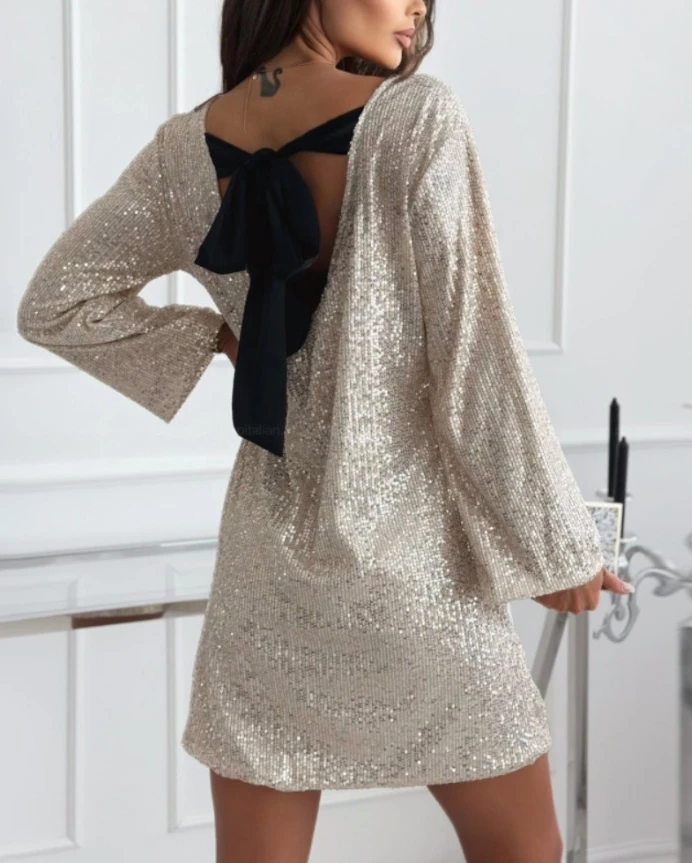 Womens Dress Elegant Fashion Round Neck Long Sleeve Allover Sequin Mini Dress Back Tied Detail Loose Straight Casual Party Dress