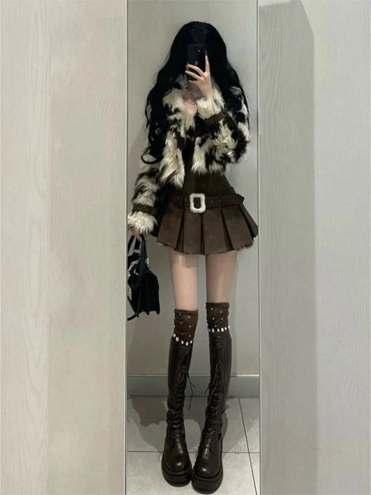 

Американская винтажная шуба с леопардовым принтом для женщин + Y2k, простой корейский стиль, жилет, платье, 2025 год, зимние комплекты из двух предметов