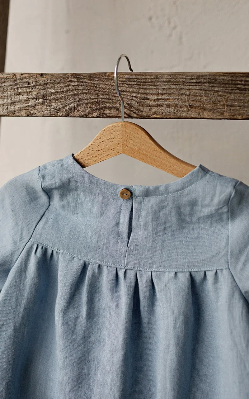 Summer Girls Round Neck Solid Color Pleated Cotton And Linen Dress New Loose Short-Sleeve Children\'s Dresses，TZ31