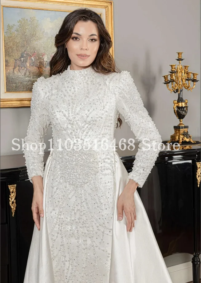 Luxo branco muçulmano vestidos de casamento requintado pérola applique manga longa trem destacável personalizado vestidos de casamento étnicos